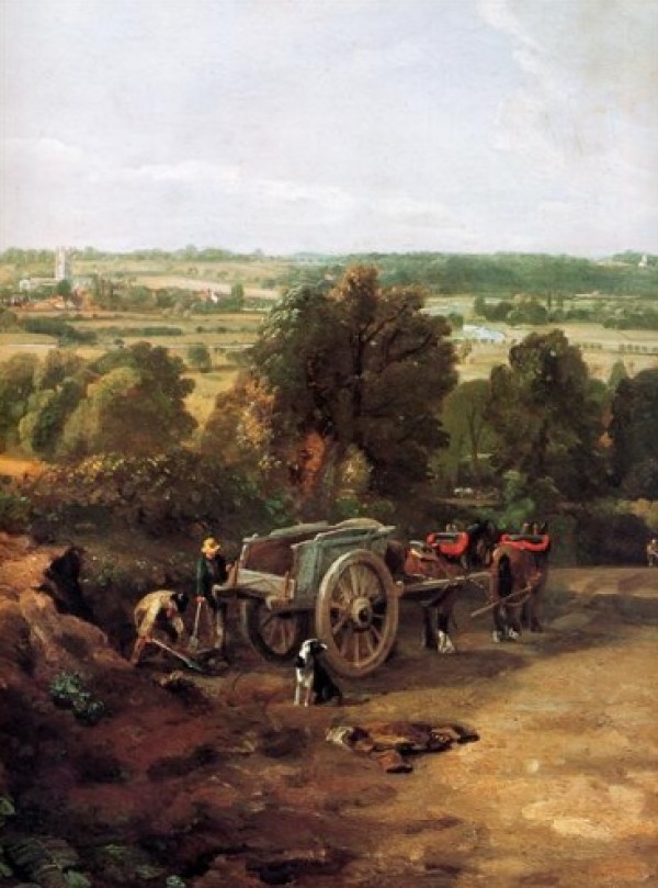 A carriage and a dog at the edge of a city by John Constable